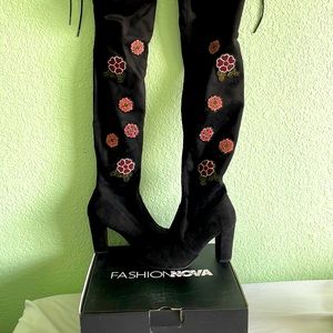 Black Floral Thigh High Boots